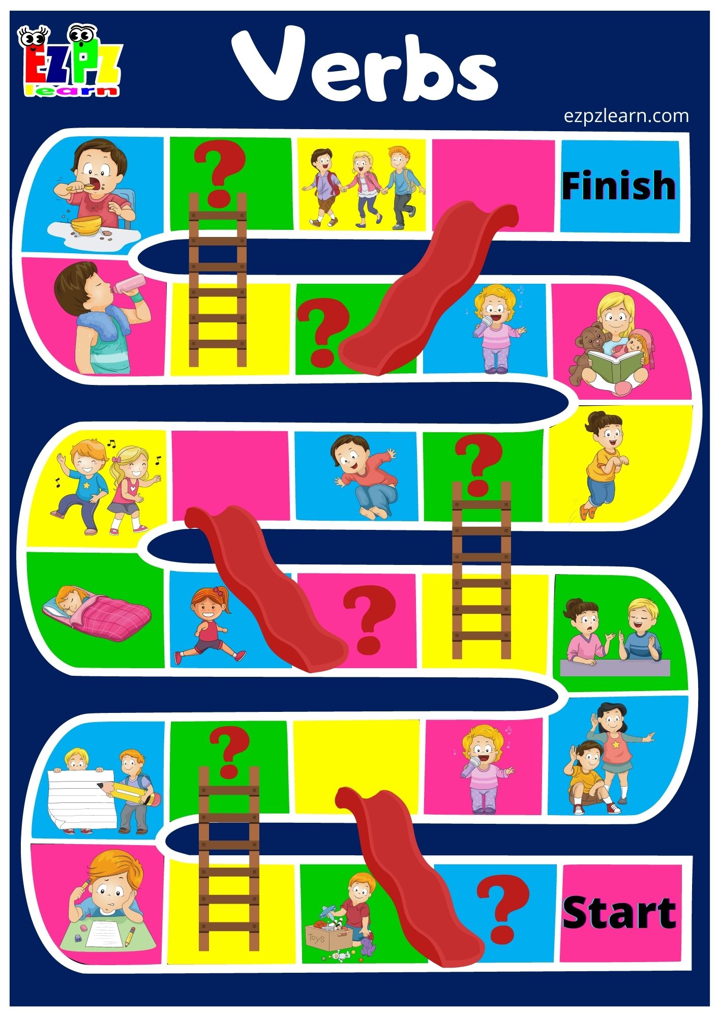 Action Verbs Slides And Ladders Game Ezpzlearn